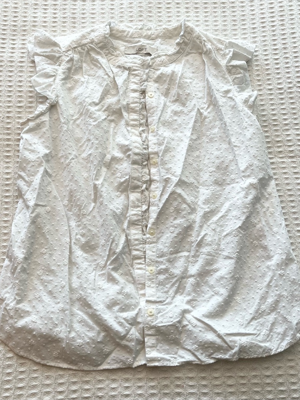 LOFT White Swiss Dot Ruffle Trim Button-Front Top size small
